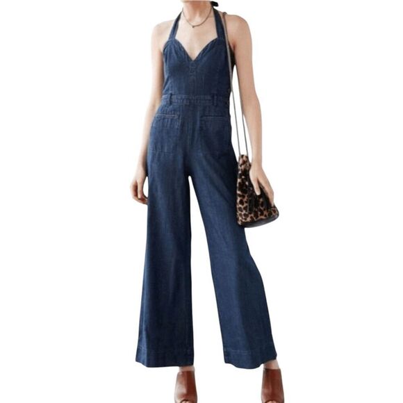 Cooperative Harley Chambray Denim Halter Wide Leg Jumpsuit | Size 2 - Picture 1 of 15